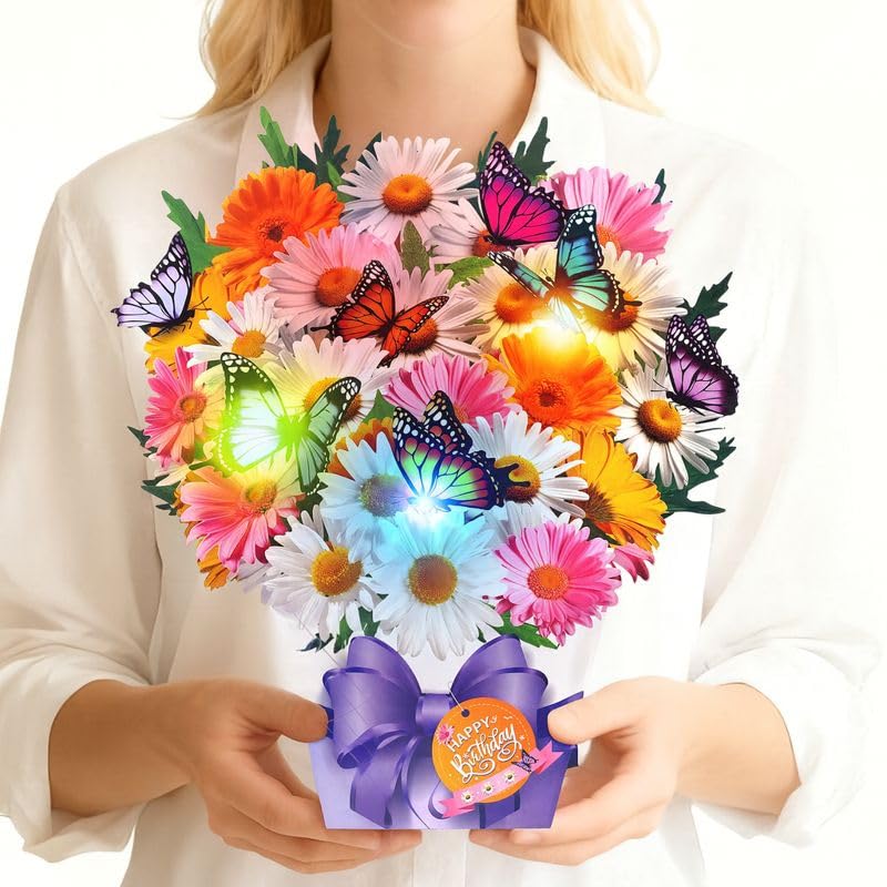 Image of APOTODITO Birthday Cards, Butterfly & Daisy Birthday Card with Music and Light, Flower Bouquet 3D Card for Women Mom Wife