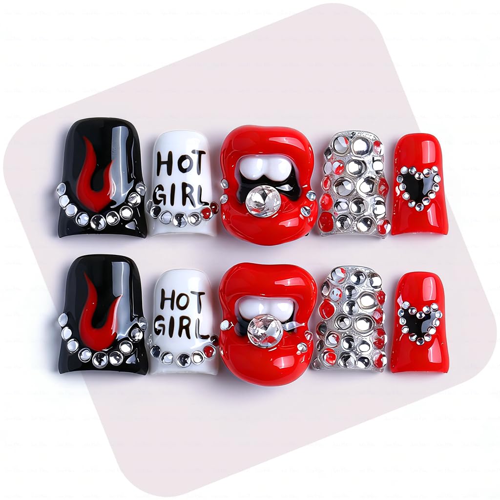 Handmade Y2K Short Duck Press On Nails - Red Black Flame