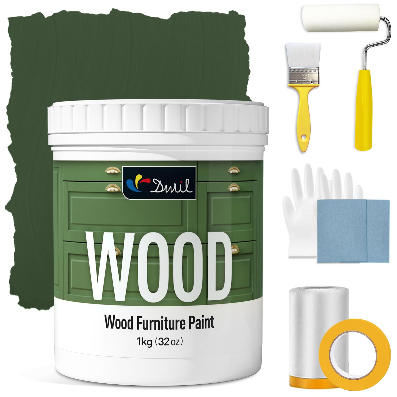 DWIL Matte Finish Furniture Paint - 32 Oz Wood Paint for Cabinets, Doors, Tables, and Dressers Refinishing - Water-Based, Non-Toxic & Odorless, Easy to Apply(Olive Green)-With Tools