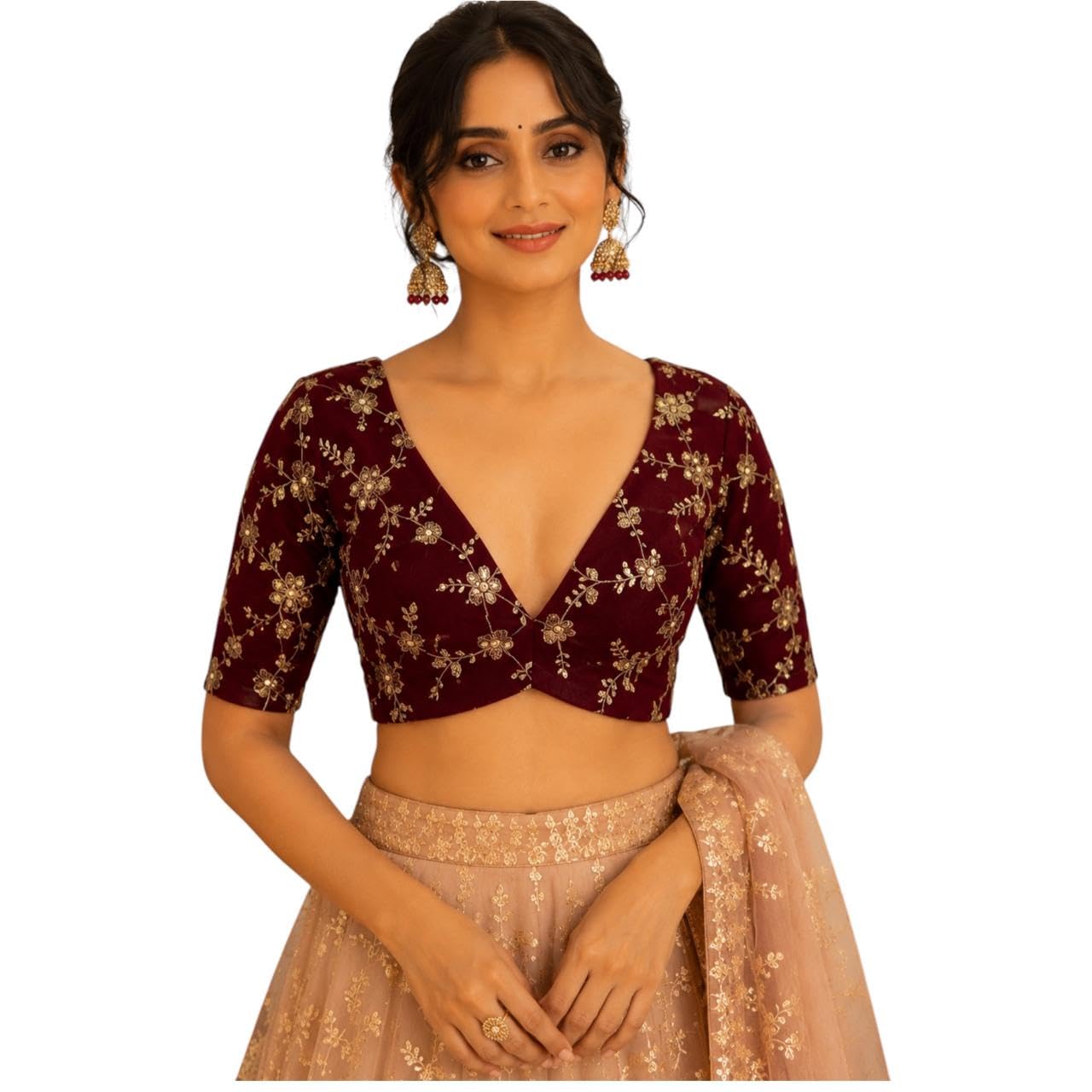Maroon Gold Embroidered Crop Blouse with V-Neck-image-44