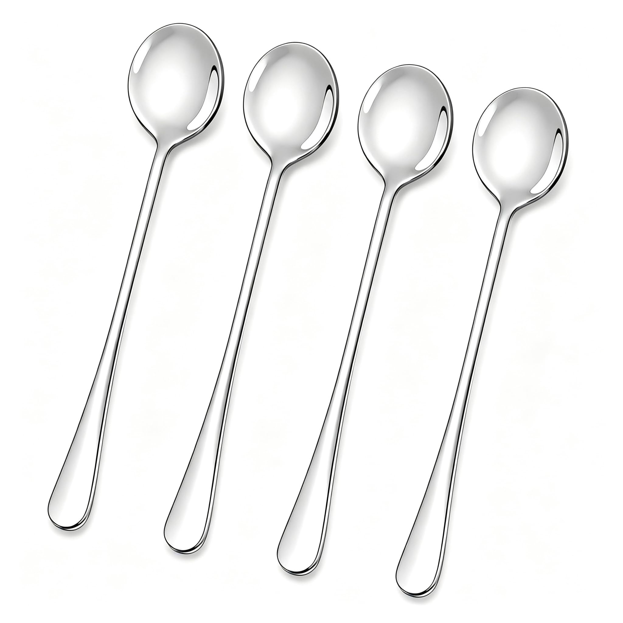 4er-Set silberne Latte-Macchiato-Löffel, 18,5 cm lange Teelöffel, Edelstahl | Rührlöffel für Eiskaffee, Eistee, Milchshakes, Eisbecher, Cocktails und Desserts; für hohe Gläser, Lattebecher und Kaffeebar.