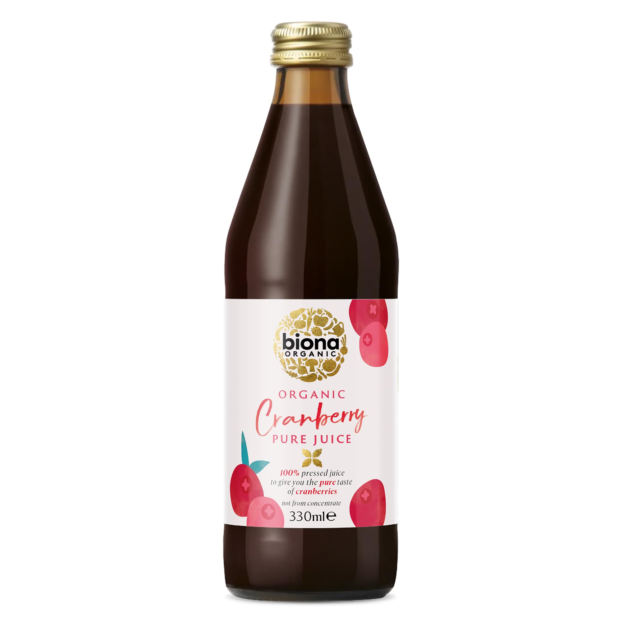Biona Organic Cranberry Juice 330 ml - Pure, Pressed Fruit Juice - Freshly Harvested by Organic Farmers - Free from Preservatives, Sugar & Sweetener - Not from Concentrate