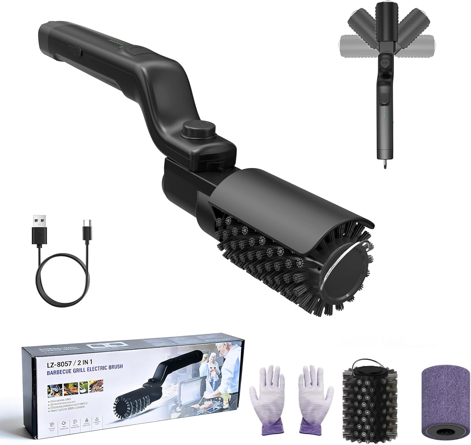 Brosse Électrique Barbecue sans Fil,Brossière Électrique 3 Vitesses 2 Brosses,Nettoyeur Grille 180° Réglable,Acier Inoxydable Rechargeable,Grill Brush