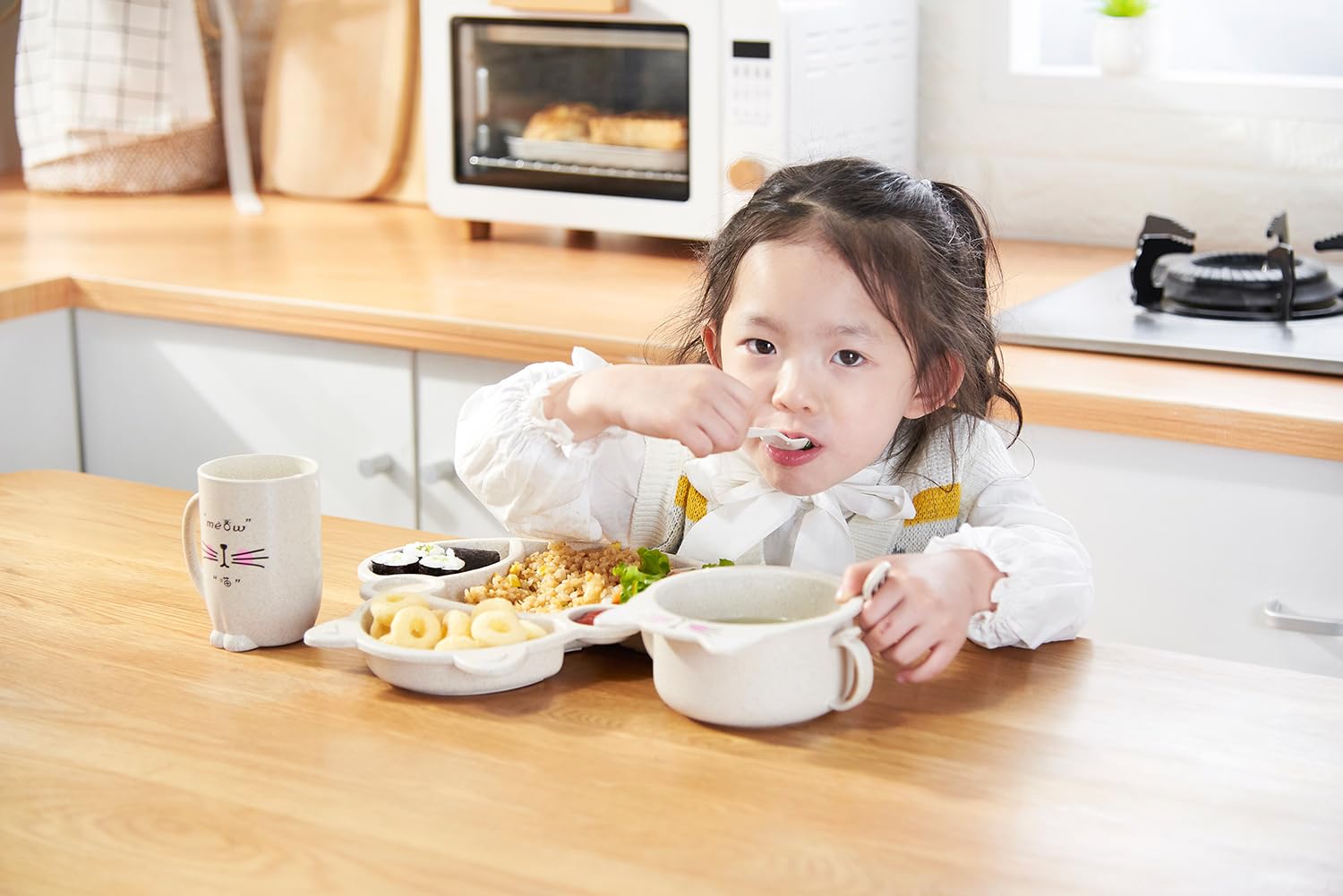 MEZON Wheat Straw Divided Dinner Tray, Unbreakable Dinner Set for Kids Dinner Plates with Bowl Cup Fork Spoon Chopsticks Tableware Set Baby Dinning Set (Beige) 1