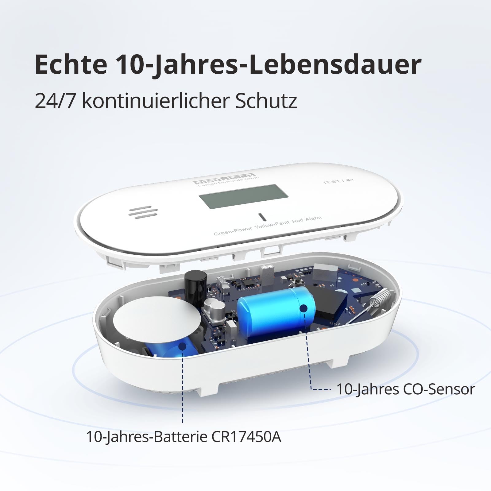 Kohlenmonoxid Melder, CO-Alarm, Temperatur- und Feuchtigkeitserkennung, 10 Jahre batteriebetrieben mit LCD-Display