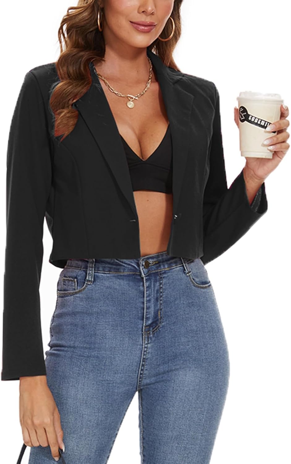 MINTLIMIT Womens Cropped Blazer Suit Jacket Button Front Long Sleeve Blazer Notched Lapel Suit Jacket Coat Tailored Outfit(Black,L) - Image 3
