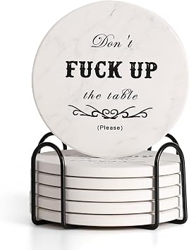 Funny Drink Coasters Ceramic Absorbent Coasters, Dont up The Table Unique Stone Drink Coaster with Cork Back for Coffee Table, Living Room, Family and Friends Round-White, 6
