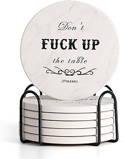 Funny Drink Coasters Ceramic Absorbent Coasters, Don't up The Table Unique Stone Drink Coaster with Cork Back for Coffee Table, Living Room, Family and Friends (Round-White, 6)