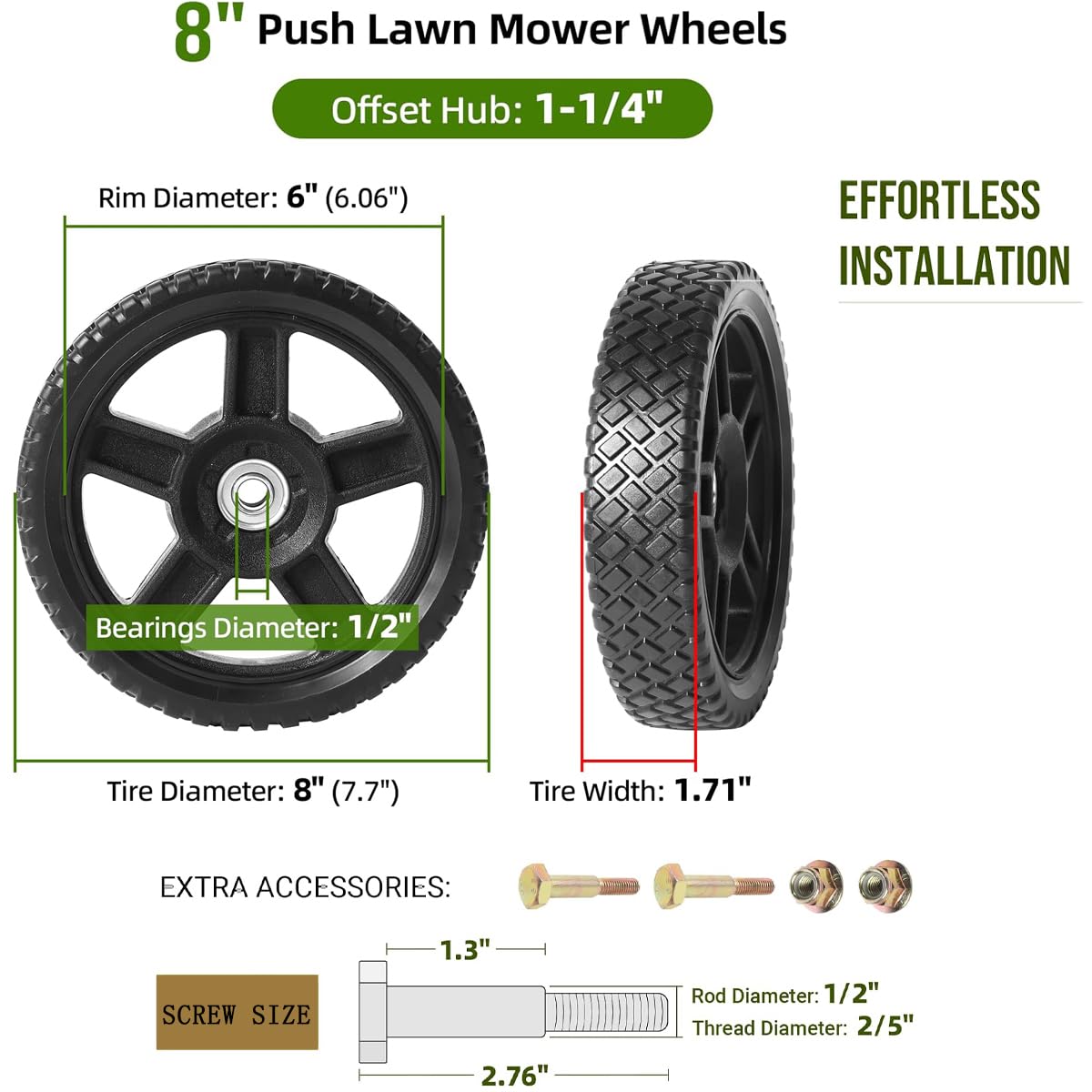 Ruedas para cortacésped de 8 pulgadas para kits de ruedas de cortacésped de empuje – Ruedas universales de 8 pulgadas con cubo de 1-1/4 pulgadas de ancho y rodamientos de 1/2 pulgada – apto