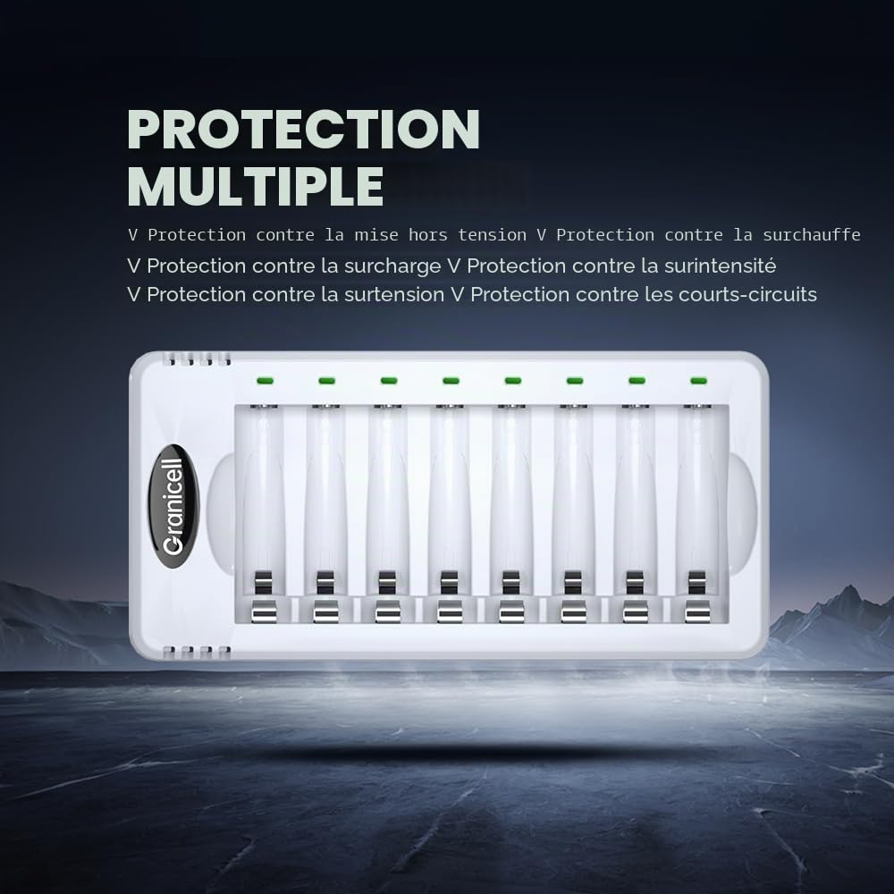 Granicell Kit de Chargeur avec 8 Piles AA et 8 Piles AAA Rechargeables NiMH - Charge Rapide