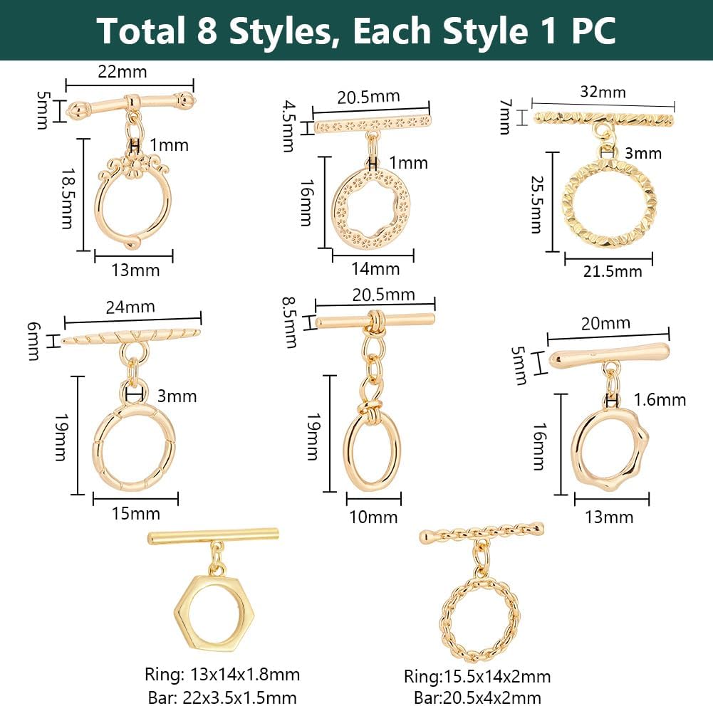 PH PandaHall 18k Gold Plated Toggle Clasps, 8 Styles T-Bar Closure Clasp Flower Ring Oval Brass Iq Toggle Clasps Finding Connectors for Bracelet Necklace Jewelry Making DIY Craft - Image 2
