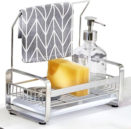 Soporte de esponja – Organizador de fregadero de cocina – Bandeja de fregadero – Soporte de jabón de acero inoxidable SUS304, 9.45 x 5.15 x 8.1