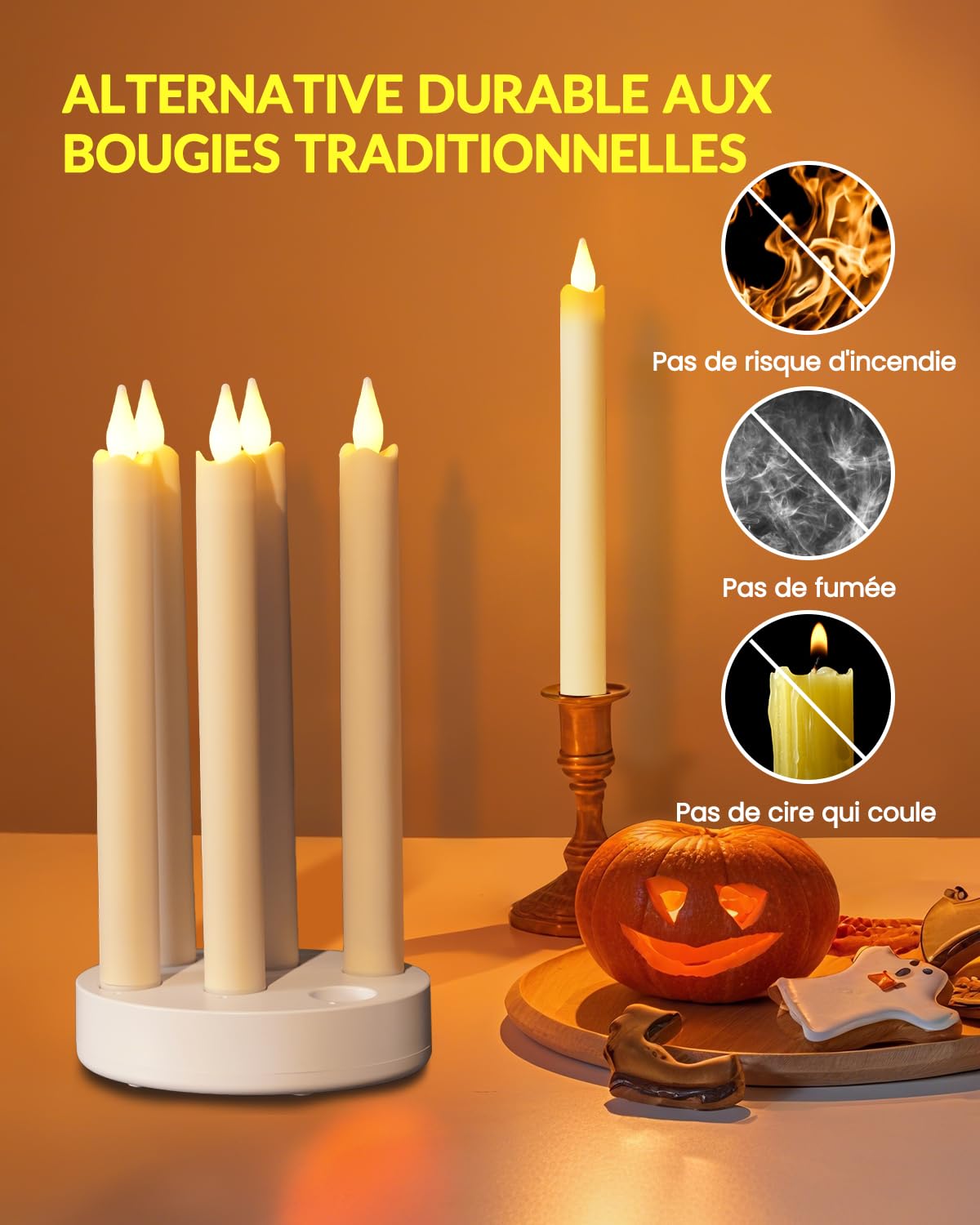 Bougies LED Flamme Vacillante Rechargeable avec Base de Chargement, 6 Pièces Fausse Bougie Longue avec Télécommande et Fonction Minuterie pour Noël, Halloween, Décoration de Chambre, Mariage