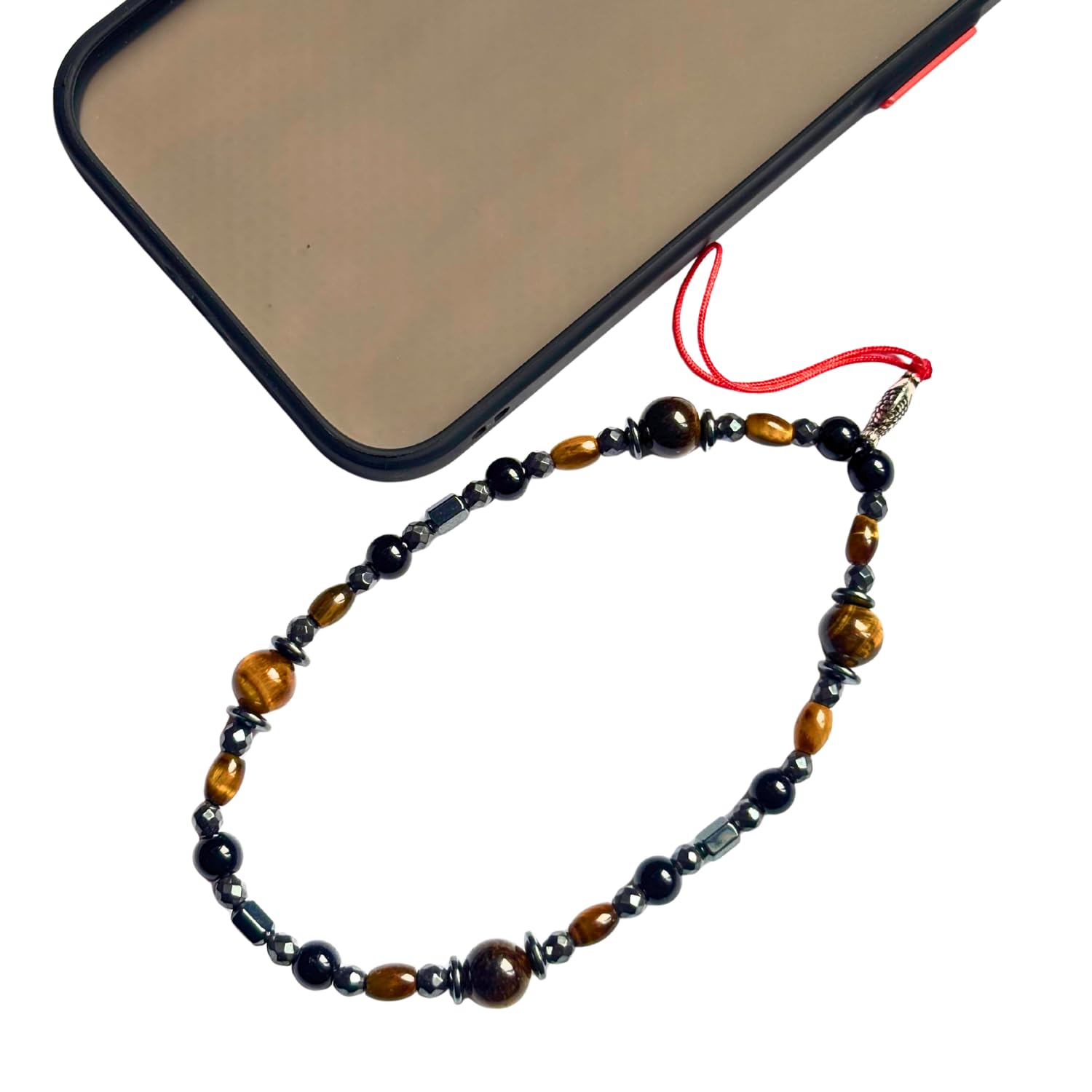 Ayrestyle Kaplan Gözü Doğal Taş Telefon Charm, Cep Telefonu Bilek Askısı, Kahverengi, Yuvarlak, Doğal Taş, Hematit Detaylı, Kırmızı İpli, 24 cm - 14 Şubat Sevgililer Günü Hediyesi
