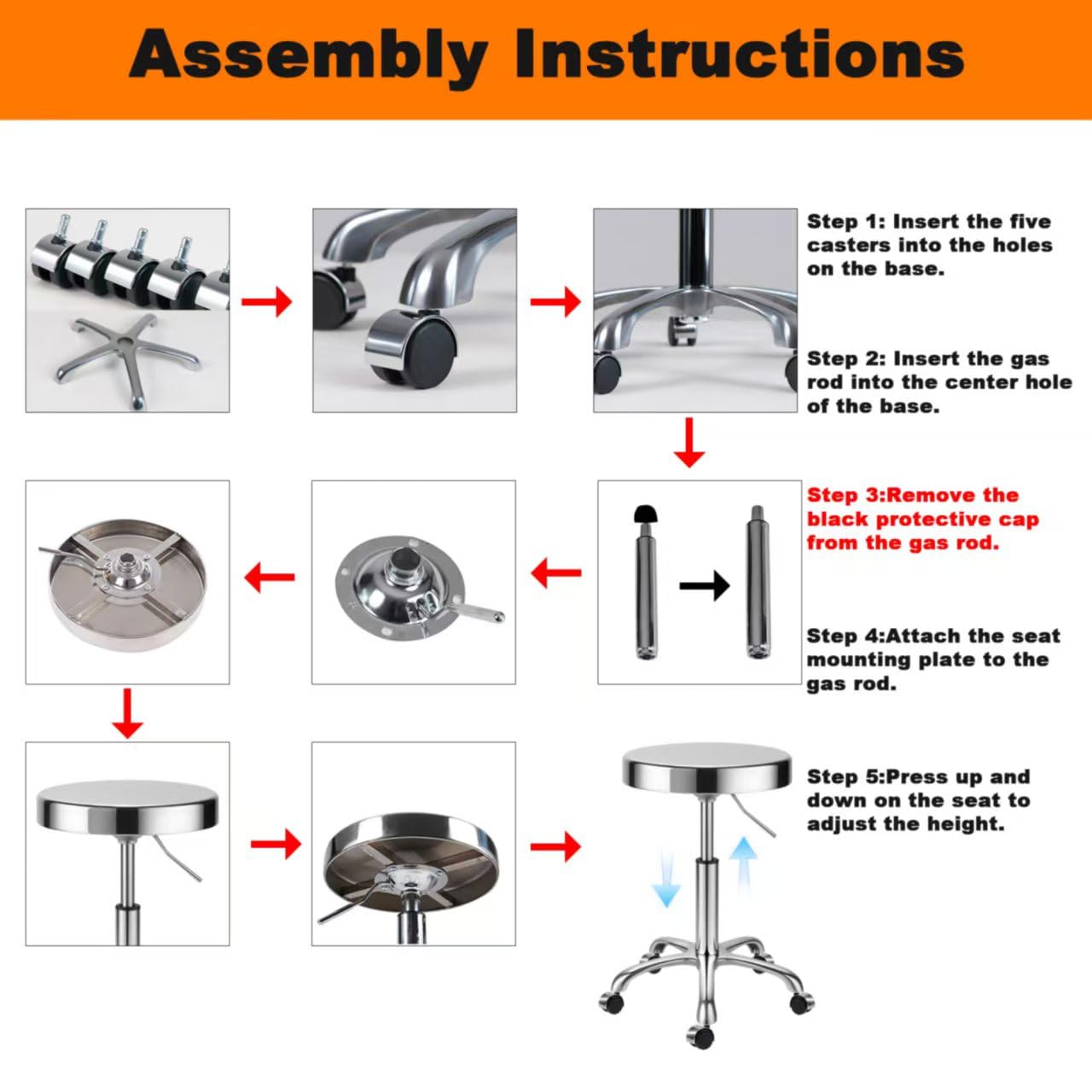 ZHAOYONGLI-End Tables Taburete de acero inoxidable resistente para banco de trabajo, taburete giratorio ajustable con 5 ruedas, estructura de acero inoxidable 304, cojín redondo, soporte de carga de