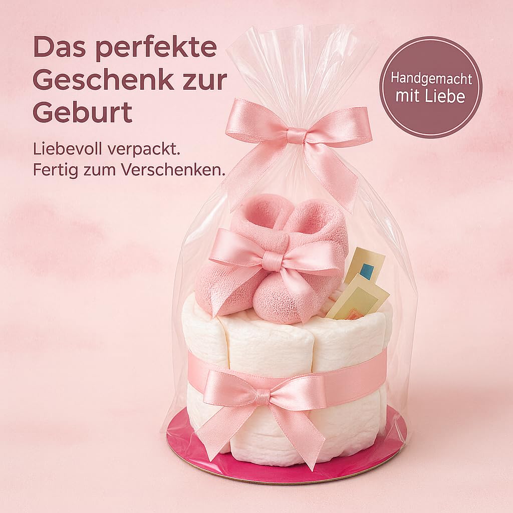 Torta di pannolini da bambina rosa con calzini, regalo per nascita per mamma, battesimo o baby shower, idea regalo con pannolini appena nati, biglietto di auguri incluso
