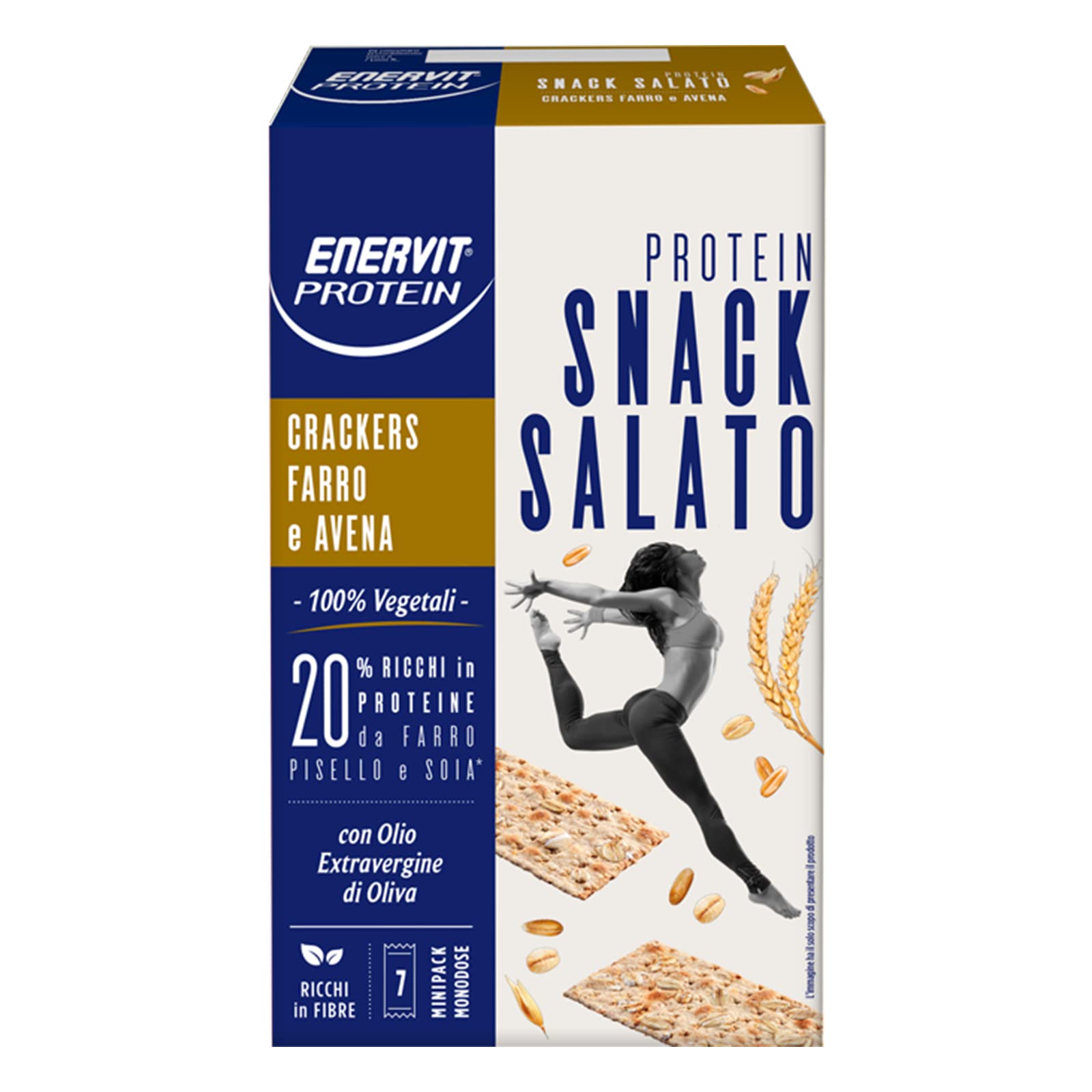 Enervit, Cracker Farro e Avena, Snack Salato Proteico, 100% Vegetale, Per uno Spuntino Proteico, 20% di Proteine, Ricchi in Fibre, con Olio Extra Vergine di Oliva, 7 Minipack Monodose da 24g