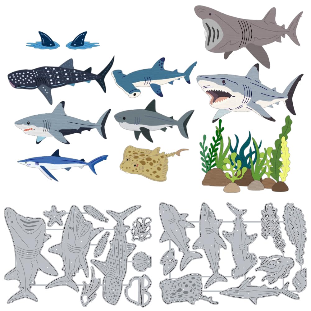 DELORIGIN Ocean Sharks Cutting Dies Corals Seaweed Making Die Cut Carbon Steel Die Cuts Stencils Blessing Card Scrapbooking Embossing Template Dies for Birthday Greeting Card Album Decor