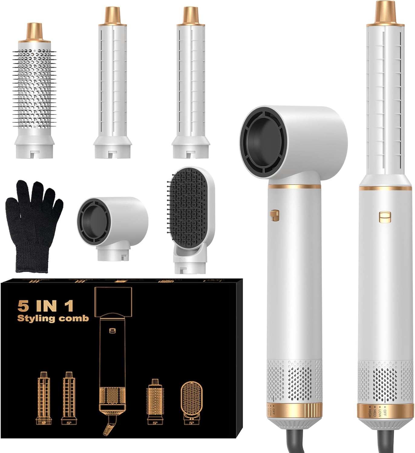 Hairstyler 5 in 1, Hair Styler Set, Haarstyler mit Fön Ionen Haartrockner, Automatischer Lockenstab, Hot Brush Rundbürste, Glättbürste Hairstyler Set für Glätten, Trocknen, Volumen, Locken