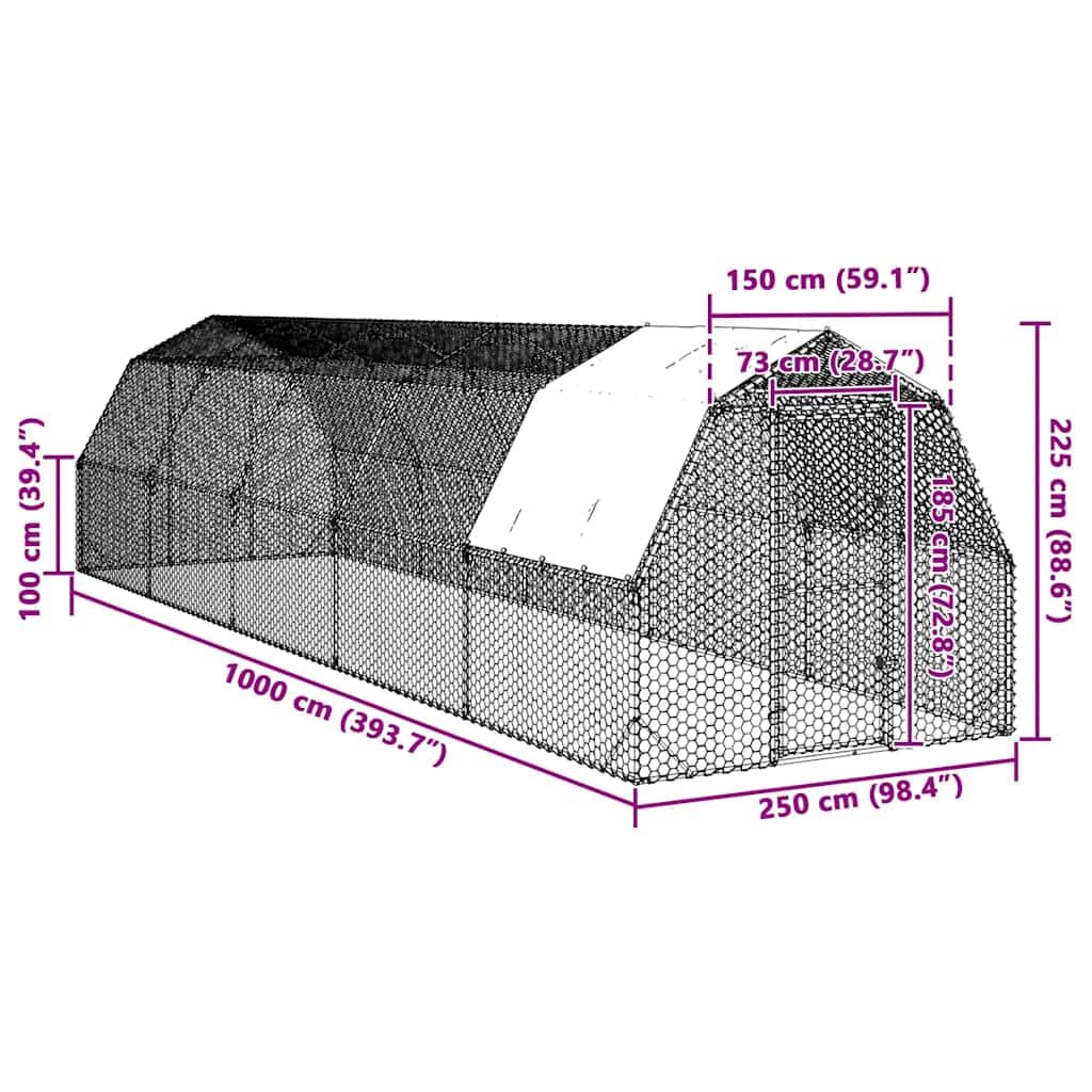 Kurnik z dachem z ocynkowanej stali, 2,5 x 10 x 2,25 m, wybieg do użytku na zewnątrz, wybieg do ogrodu i na balkon, ochrona kurcząt, kaczek, gęsi, odporny na warunki atmosferyczne dach PE