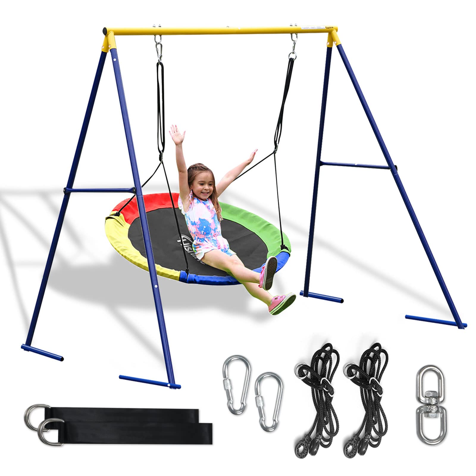 Yorovent Swing Set,43inch Saucer Tree Swing with A Frame Swing Stand Heavy Duty,Durable Textilene Round Swing and Metal Frame,Anti-Rust and All Weather Resistant for Kids Outdoor Backyard (4clrby)