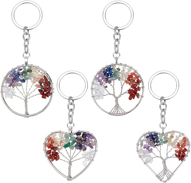 PLIGREAT 4 Pcs Tree of Life Keychain Natural 7 Colored Stones Keyring Crystal Quartz Gemstone Pendant Keychain for Women Men Bag Car Decor Accessories Birthday Gifts