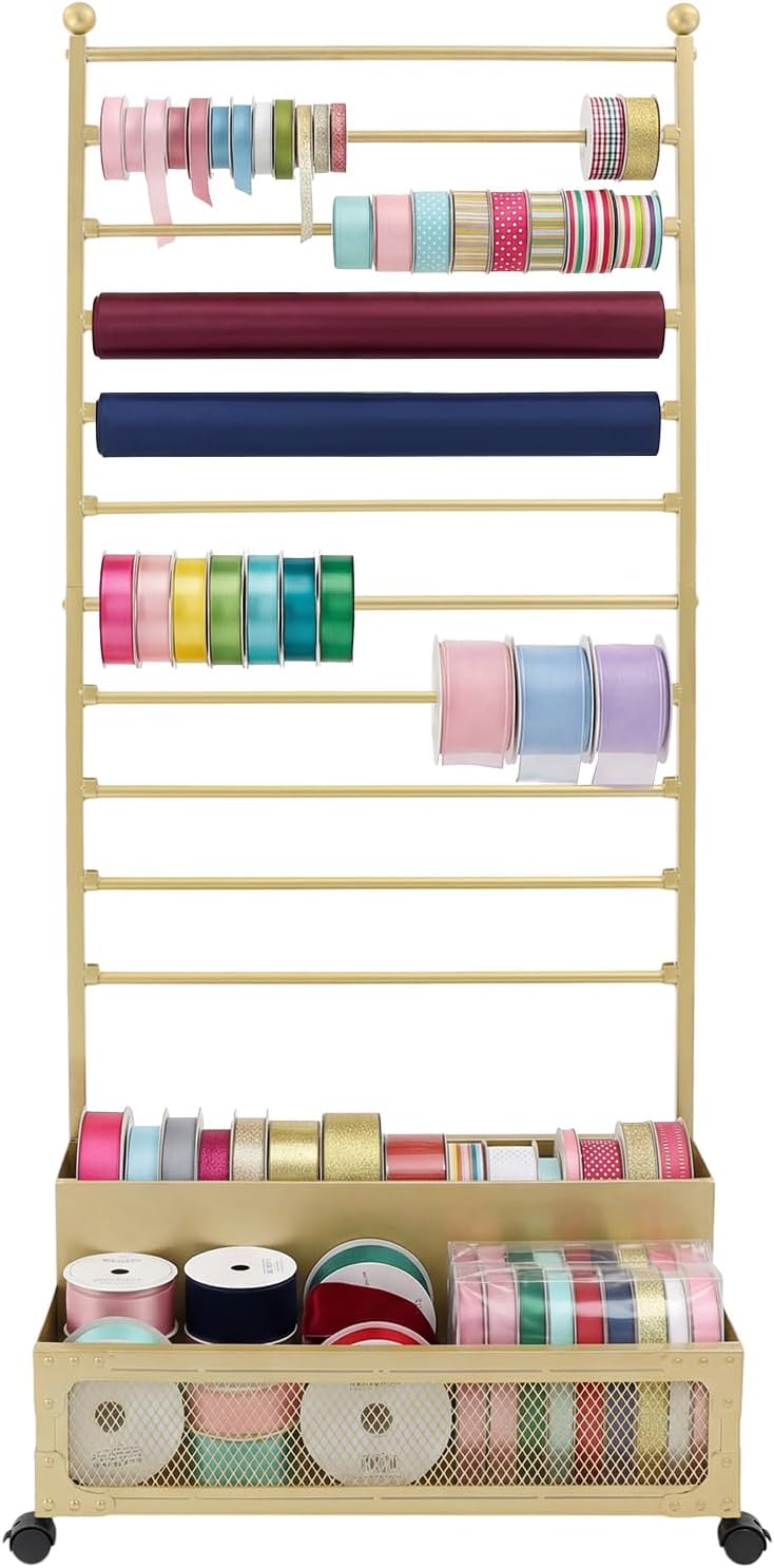HUIABI 11 Tier Ribbon Holder Rack with 4 Wheels for Flower Shops (Gold)