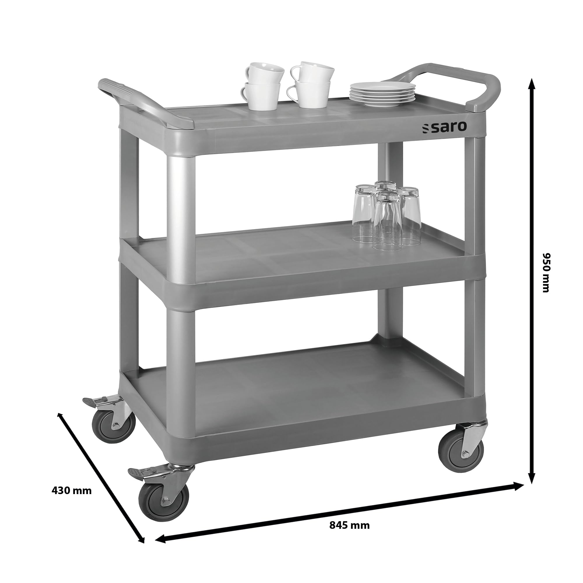 SARO ZENJA - Carrello portavivande, in plastica/metallo leggero, con 3 ripiani, portata da 100 kg, ruote con freno, da 845 x 430 x 950 mm
