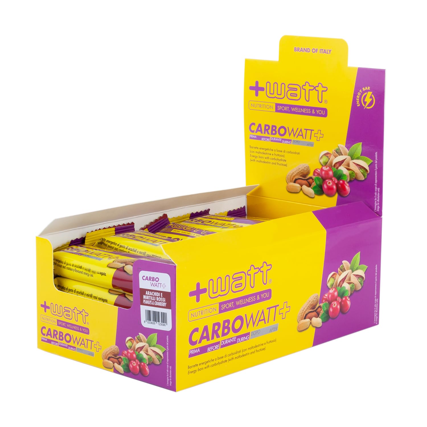Carbowatt+ Barretta Energetica a Base di Carboidrati con Maltodestrine e Fruttosio - Barretta ad Azione Pro-energetica per il Breve e Lungo Termine (20 barrette, Arachidi e mirtilli rossi)