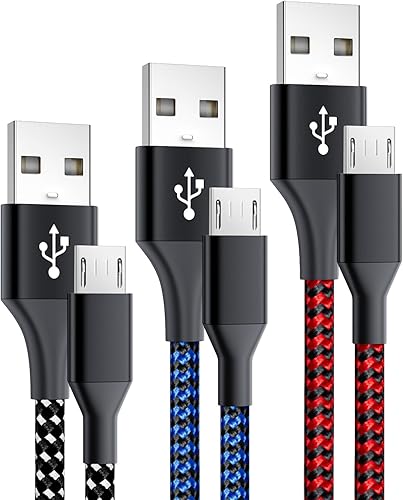 Paquete de 3 cables de carga micro USB de 6 pies para Android, cable de carga micro USB largo trenzado rápido compatible con Fire Tablet, Kindle,