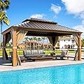MELLCOM 12'x16' Wood Looking Hardtop Gazebo, Patio Gazebo with Aluminum Frame and Galvanized Steel Double Roof, Metal Outdoor Gazebo with Curtains and Nettings for Deck Backyard and Patio,Brown