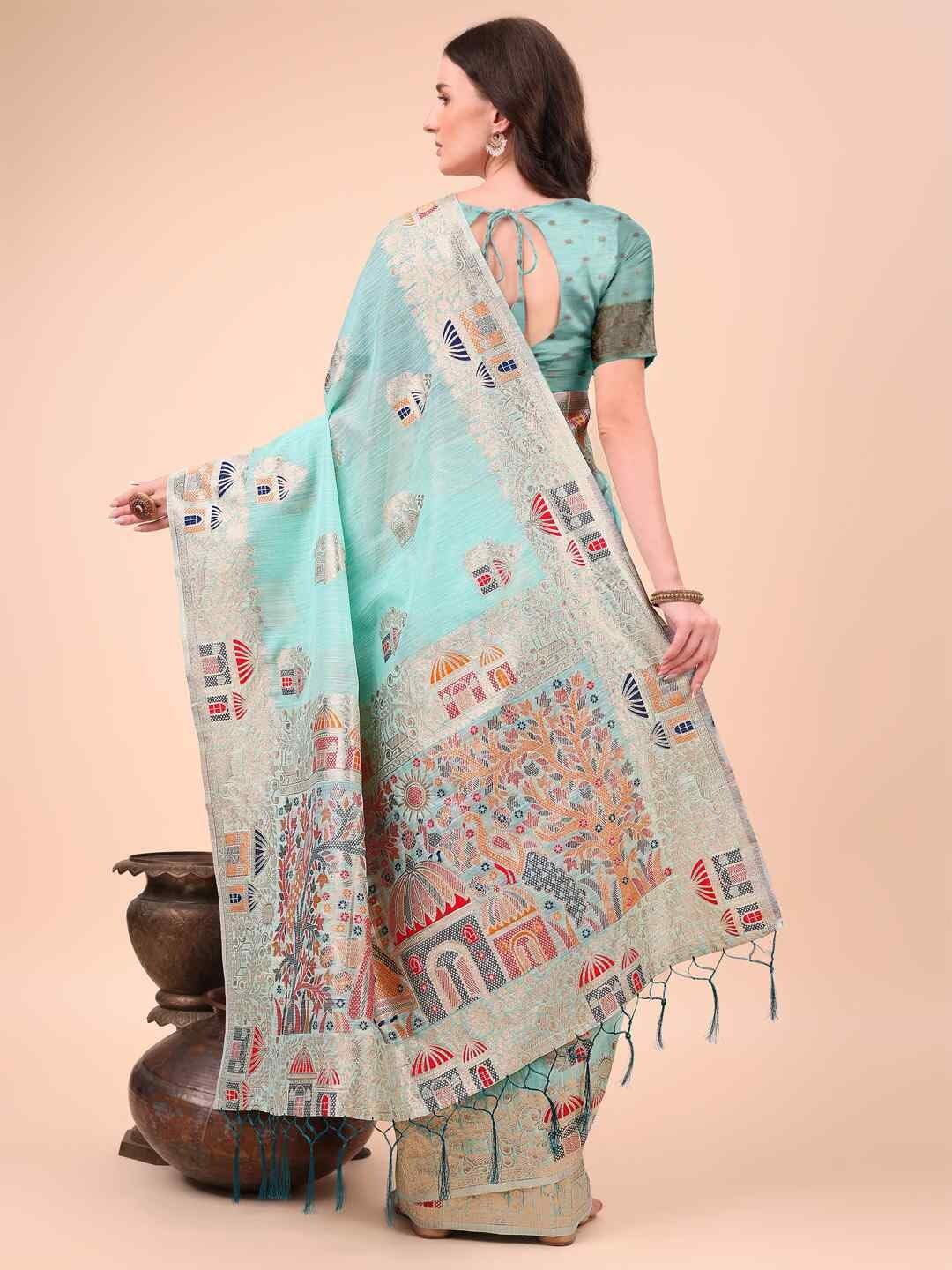 Shiv Textiles Women's Linen Cotton Zari Work Saree(AUS-ASLIN1004-SKY BLUE) 3