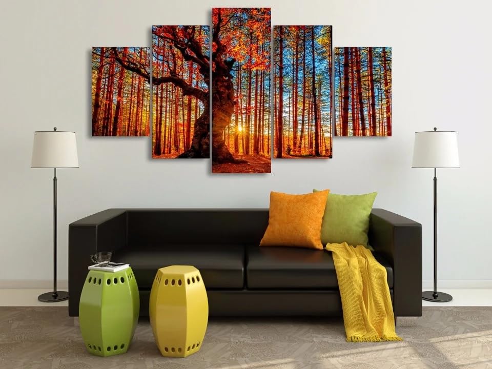 Tableau arbre au lever du soleil automne en 5 parties avec cadre pour deco salon