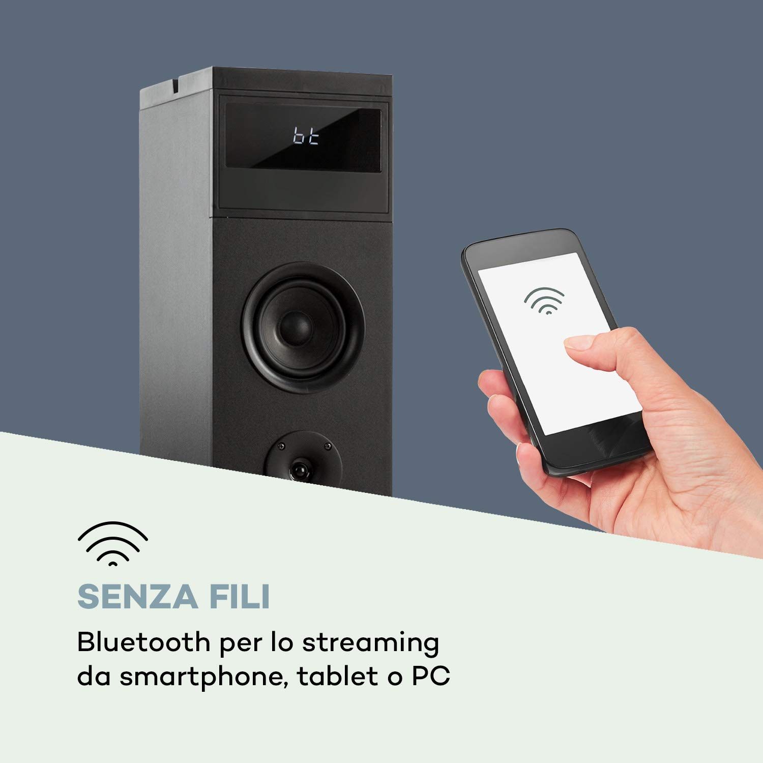auna Karaboom 100 - Sistema di Altoparlanti 2.1, a Torre, Diffusore da Pavimento, 120 Watt max, BT, Porta USB 2 in 1, MP3, AUX-In, Supporto Tablet, Nero