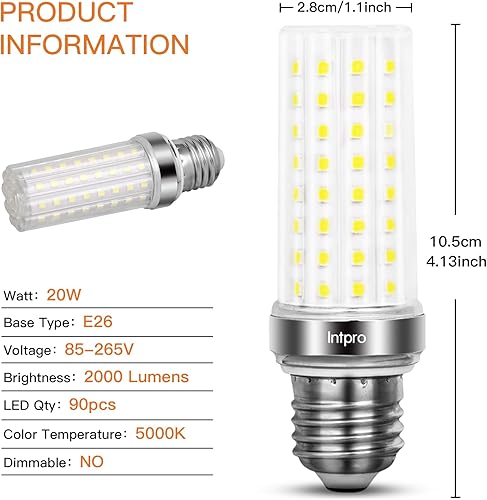 Miniatura 2 de Intpro Bombilla LED de maíz, bombilla LED equivalente a 150 W, 2000 lúmenes, 5000 K, 20 W, base E26E27, ventilador de techo no regulable,