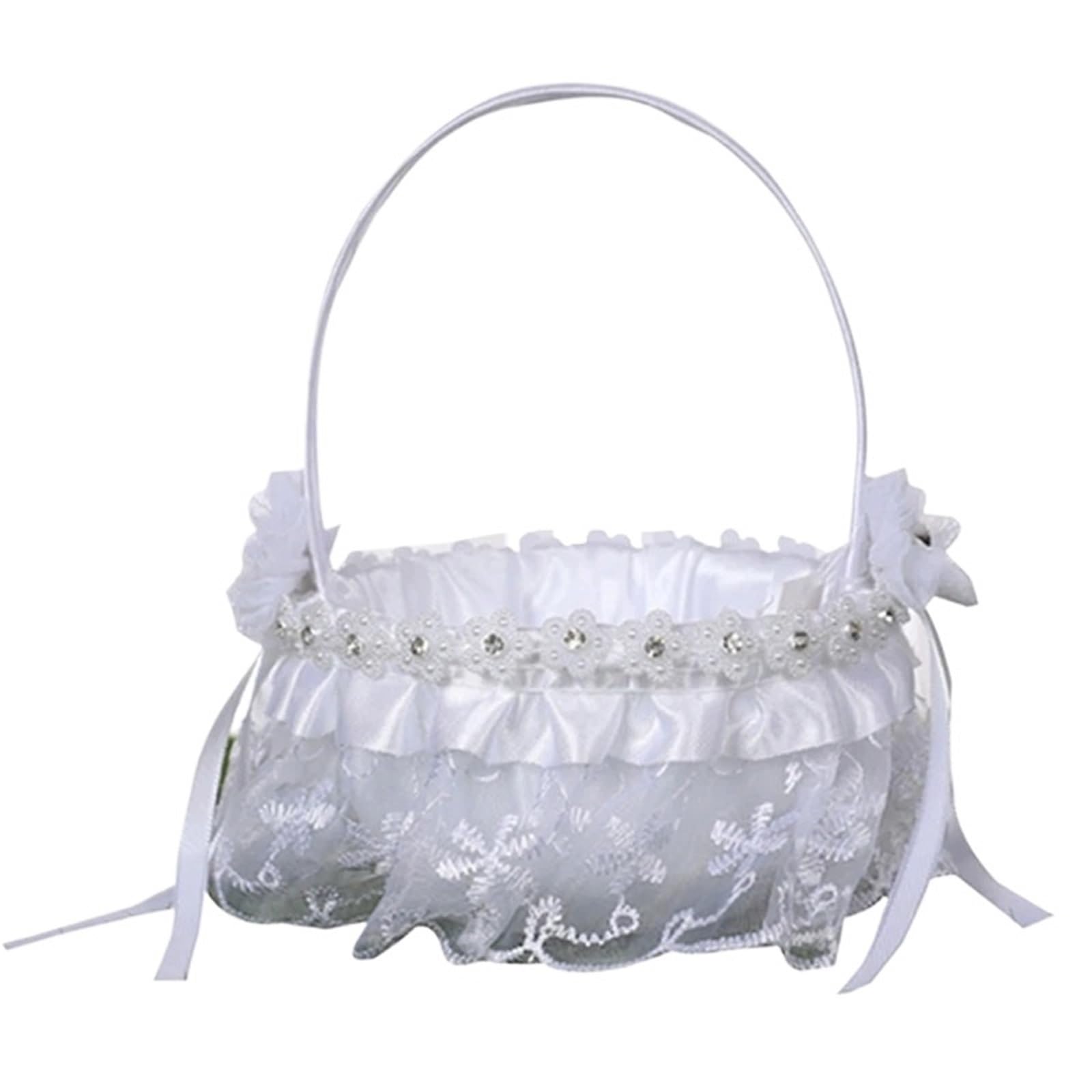 Flower Girl Bow Basket White Satin Lace Faux Flowers