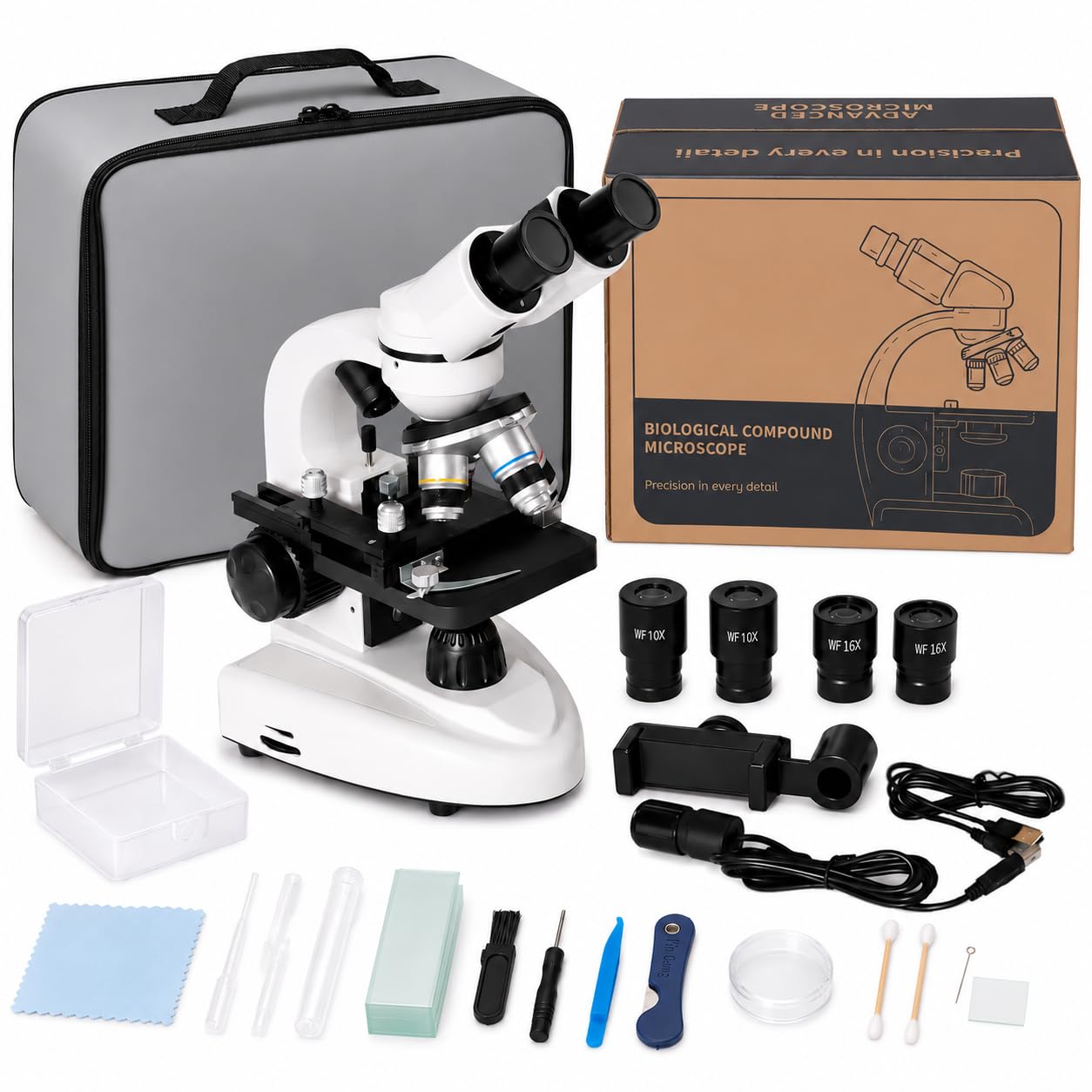 Mikroskop für Erwachsene & Studenten mit 2MP USB-Kamera & 3D-Bühne, 40X-1600X | Biologisches Fernglas-Mikroskop mit Dual-LED, DIY 15 Dia-Kit, Handy-Adapter & stoßfestes Gehäuse für MINT-Bildung