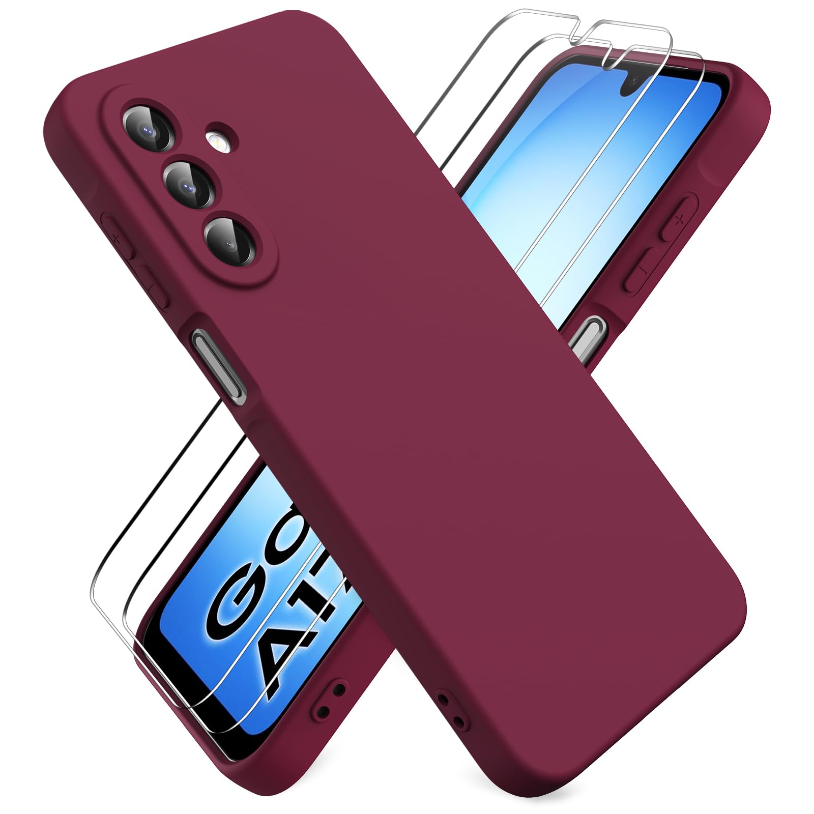 Cover per Samsung Galaxy A17 4G/5G, con 2 Proteggi Schermo in Vetro Temperato, Case Protettiva Gomma Antiurto, Custodia in Silicone Morbido TPU Liquido - Bordeaux