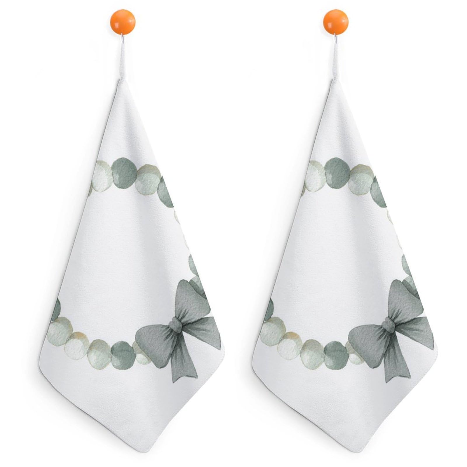 Jubonexis Circular Garland with A Large Green Bow Small Hand Towel with Hanging Loop 2 PCS Absorbent Soft Wash Cloth for Kitchen Bathroom