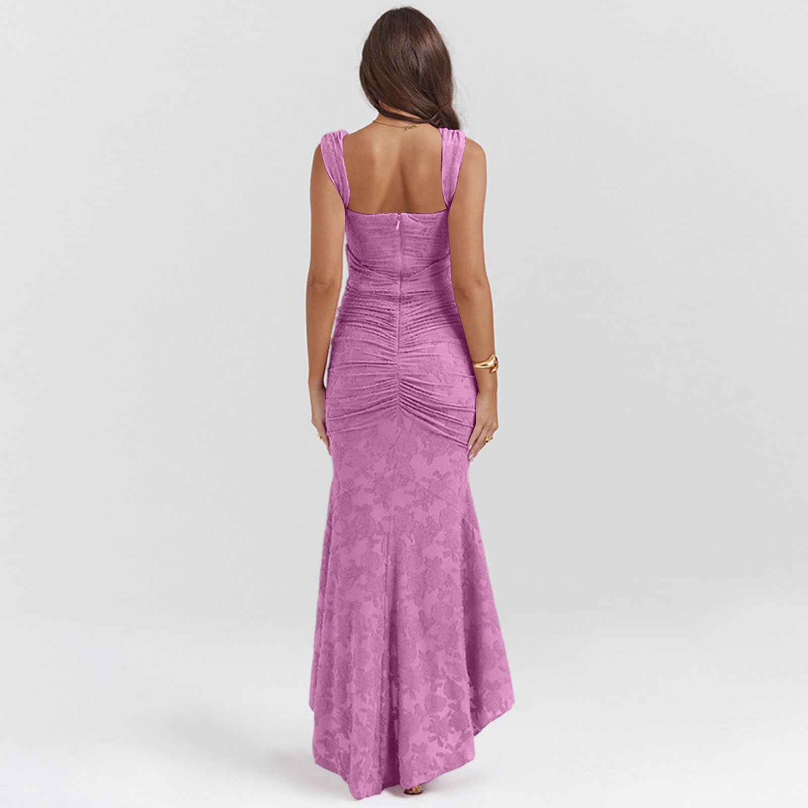 Robe sirène Longue carré à Bretelles Larges Torsade latérale plissée Ourlet asymétrique Train arrière pour soirées et Occasions habillées