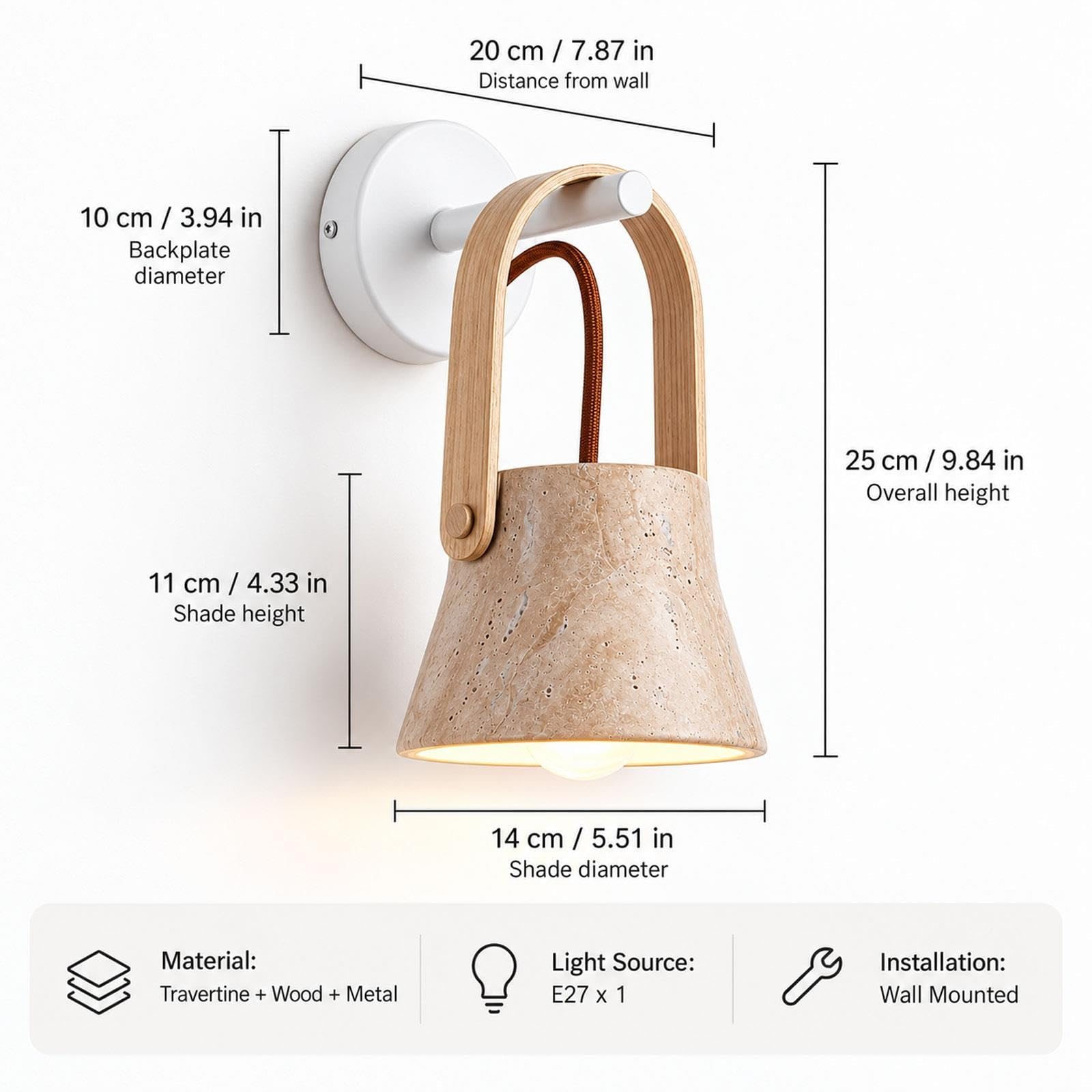 Kinkiet z trawertynu z drewnianym uchwytem, lampa z kamienia