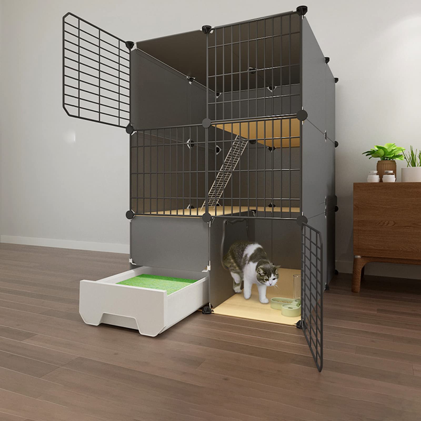 asdchZen Cat Cage With Litter Box,Collapsible Cat Cage,Pet Cages For S,Pet Cages For Small Animals,Portable Metal Wire Yard Fence With Door,White,111 * 95 * 111Cm,White-75 * 95 * 111cm