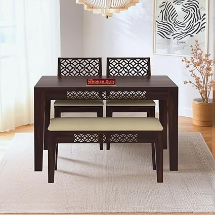 THE WOODEN CITY ? Solid Sheesham Wood Dining Table 4 Seater Dining Table Set with 2 Chairs & 1 Bench Dinner Table Set for Dinning Room Home & Hotel and Office|Modern Dining Room Set (Walnut, 4 Seater)