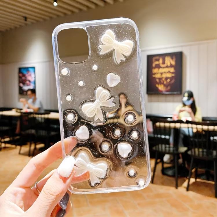 Image of COVERLY for iPhone 12 Pro 3D Luxury Bow Knot Resin Phone Case,Trendy Translucent Cute Hard Epoxy Art Crystal Clear -Non Yellowing Love Heart Embossed Pearl Princess Cover for Apple iPhone 12 Pro