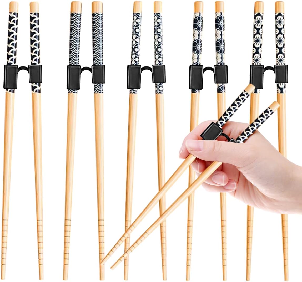 5 Pairs Reusable Training Chopsticks Beginners for Kids Adults Learners, Japanese Wooden Chopsticks Trainers Set, Dishwasher Safe, L8.86Inch (1.Japanese stamp)