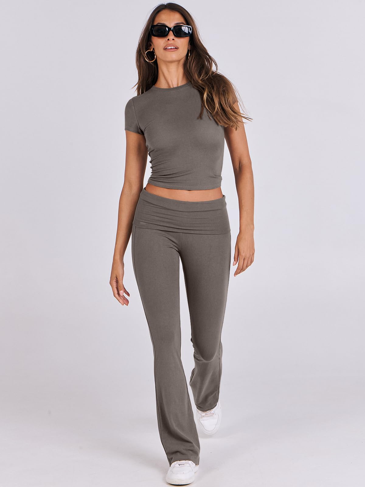 ANRABESS Lounge Sets for Women 2 Piece Foldover Yoga Flare Leggings Pants Crop Tops Casual Y2K Outfits Matching Tracksuit Set: Medium Deep Gray