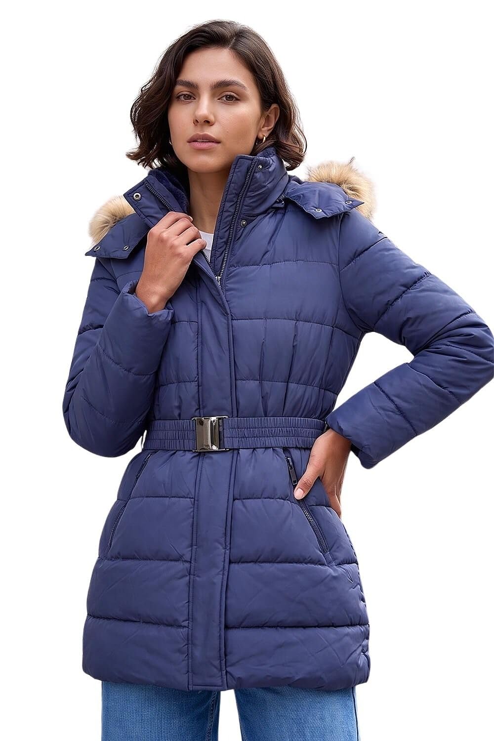 Roman Women's Faux Fur Padded Belt Coat in Navy | Size: 14