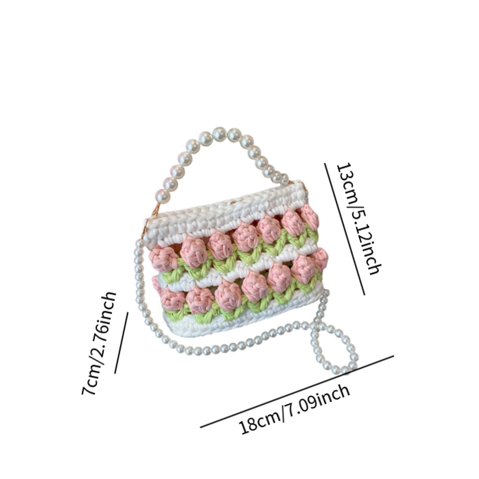 UGPLM DIY Knitting Crochet Bag Kit Flower Handmade Woven Handbag Girls Adults 7.09x2.76x5.12 Women Shoulder Bag Making Material Set, White Green Pink
