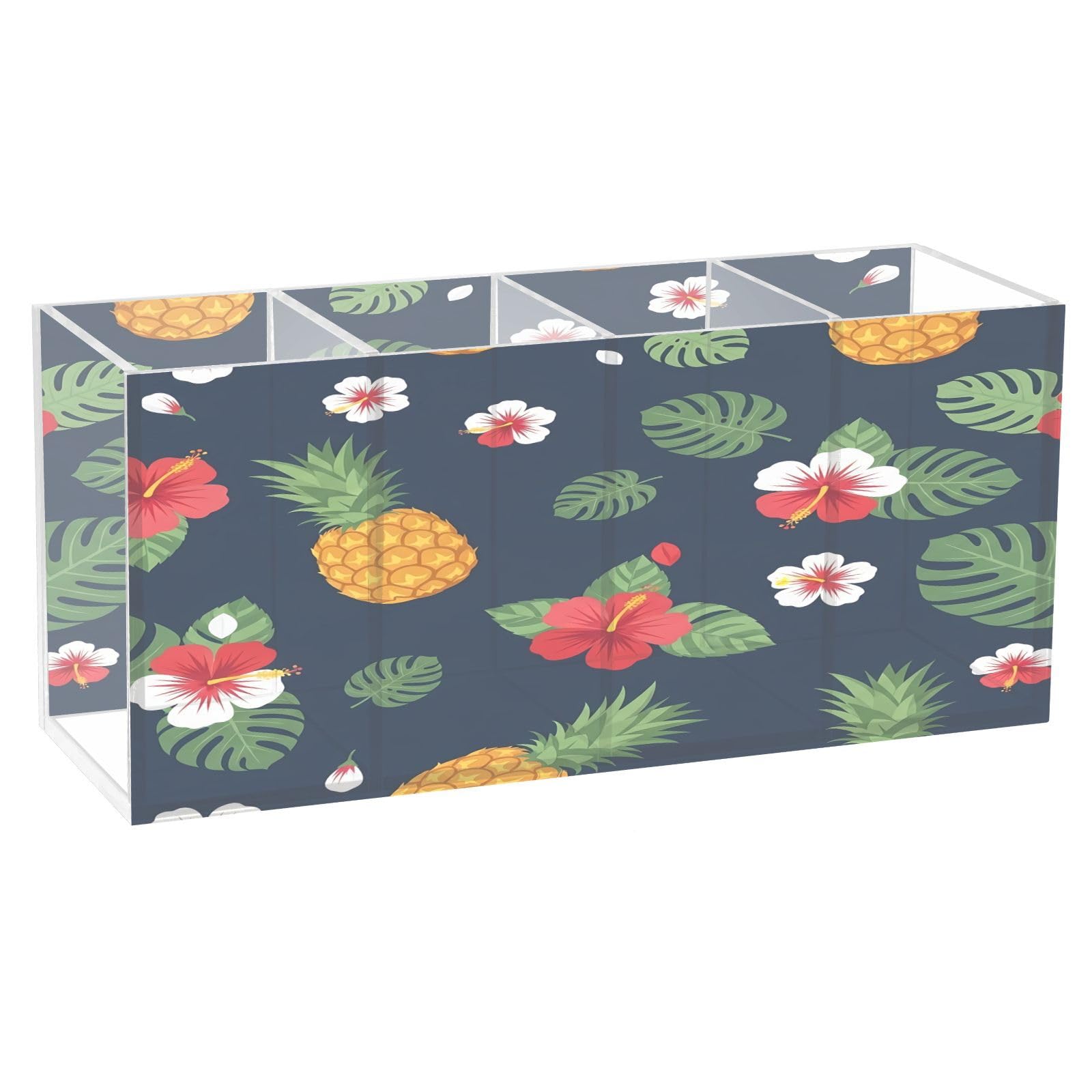 Ttgoth Pineapple Acrylic Pencil Holder for Desk 4 Compartments Pen Pot Makeup Brushes Holder Stationary Organiser for School Office Supplies, 20x6.3x9cm