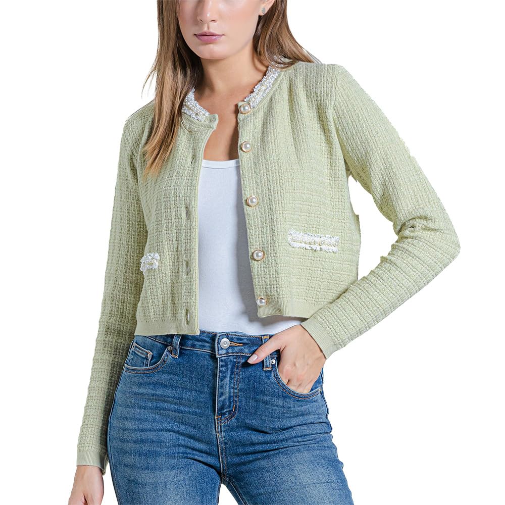 URBAN REVIVO Womens Cropped Cardigan Sweaters Open Front Casual Long Sleeve Knit Pearl Button Down Crew Neck Jacket 2025